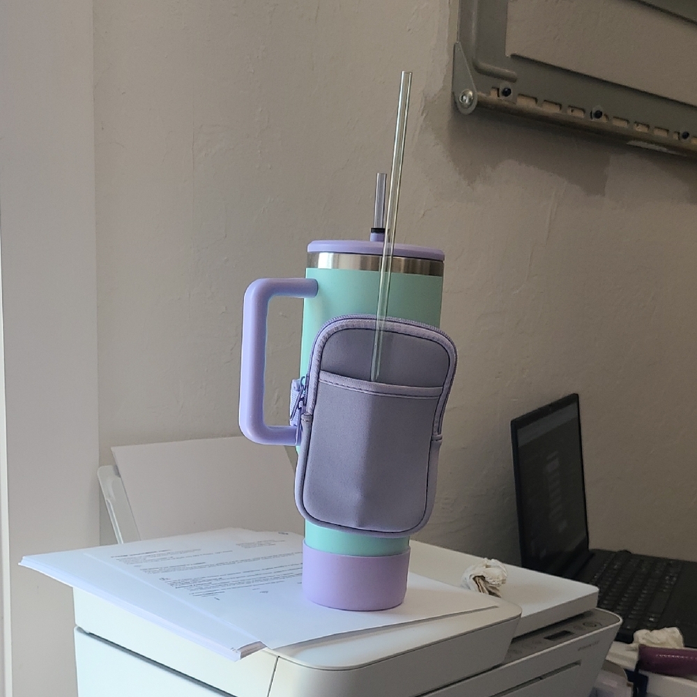 Mint Green and Lavender Insulated Tumbler with Handle and Pouch